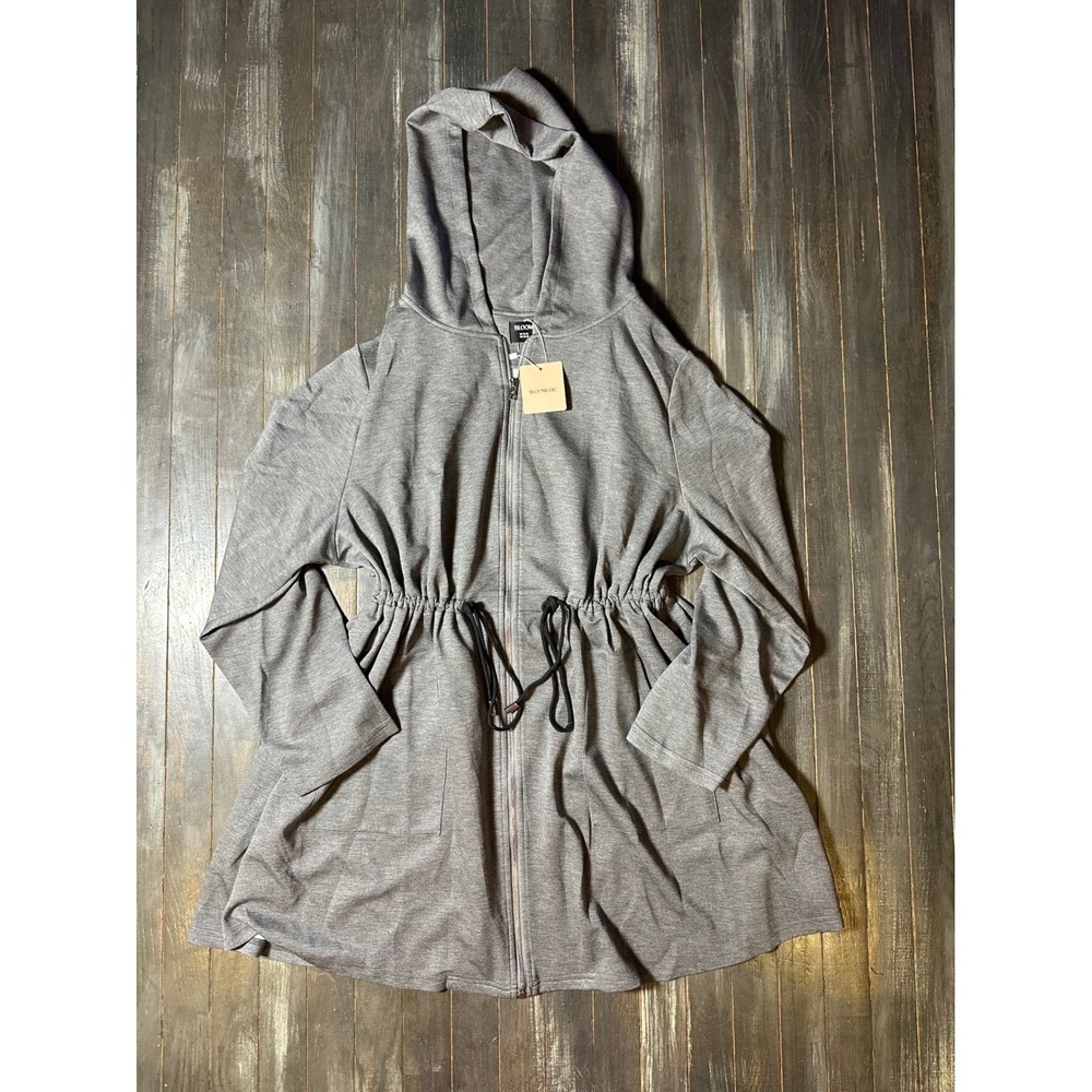 Bloom Chic Heather Gray Drawstring Waist Hooded Zip-Up Cardigan Jacket